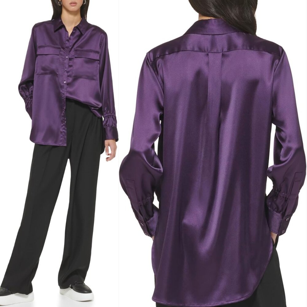 DKNY Deep Purple Longsleeve Buttondown Blouse Womens XL Business Casual Office